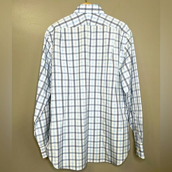Peter Millar nanoluxe white blue checkered print long sleeve button up shirt 16L - Picture 6 of 6